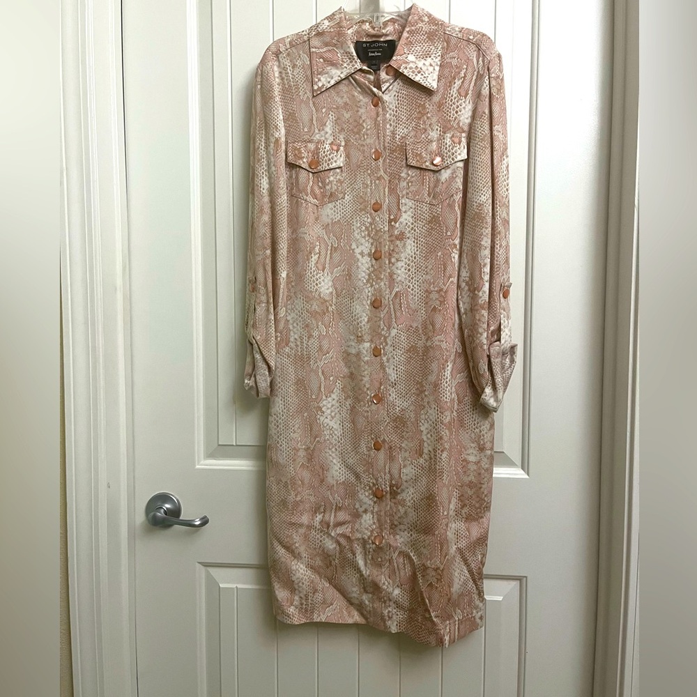 ST JOHN SNAKE-PRINT SILK SHIRTDRESS, SIZE 4